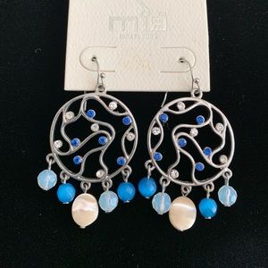Blue stone, silver color dangle earrings